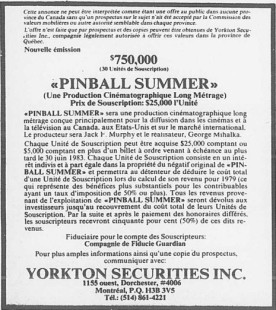 Pinball Summer : Avis de souscription paru dans la presse (juin 1979)