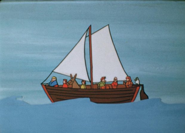 Une scène extraite du film Le village enchanté (un bateau rempli de colons vogue sur la mer)