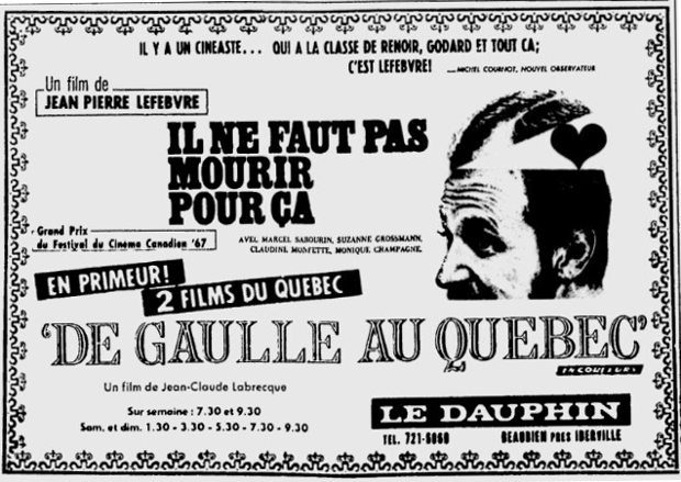 Encart publicitaire Il ne faut pas mourir pour ça paru dans la presse québécoise au moment de la sortie en salle, au Dauphin