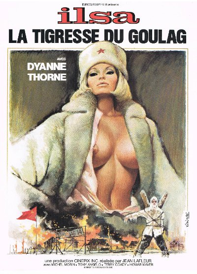 Affiche française du film Ilsa the Tigress of Siberia intitulée Ilsa la tigresse du goulag (on y voit une blonde à forte poitrine vêtue de fourrure blanche))