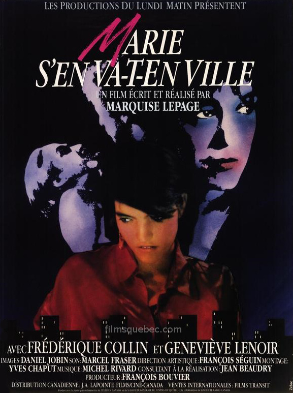 Affiche du film Marie s'en-va-t-en ville de Marquise Lepage (les deux comédiennes principales sont stylysées apparaissant sur fond noir)