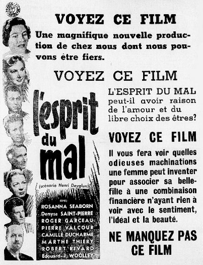 Encart publicitaire paru dans L'Union des Cantons-de-l'Est du 22 avril 1954 pour le film L'esprit du mal (Collection filmsquebec.com)