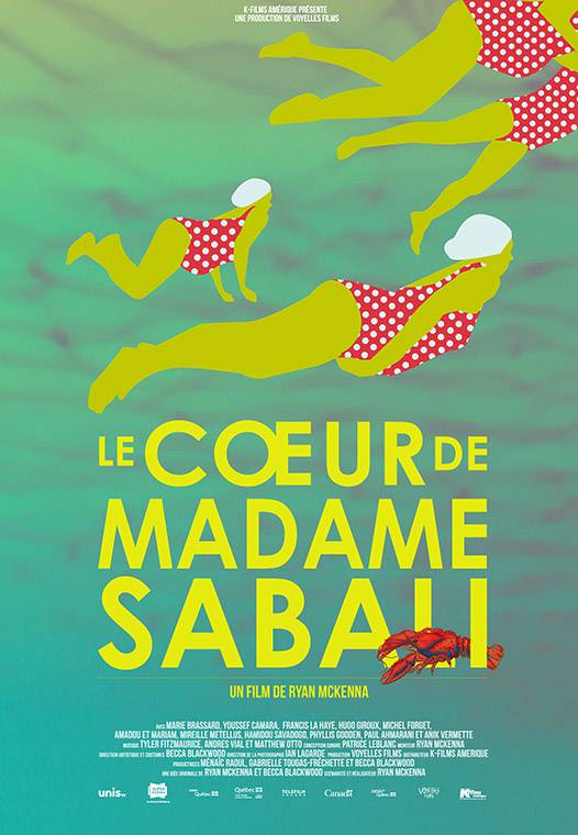 Affiche du film Le coeur de madame Sabali - Une création d'Anna Binta Diallo - Dessin abstrait aux tons de verts, on y voit des baigneuses en costume de bain rouge à pois blancs.