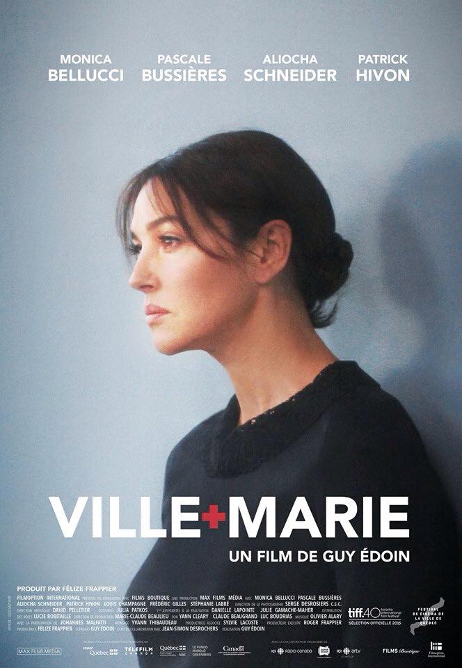 Affiche du film Ville-Marie (Guy Édoin). Affichiste : Julie Gauthier - On y voit Monica Bellucci de profil adossée à un mur bleu gris.