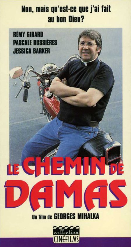 Jaquette VHS du téléfilm Le chemin de Damas sur laquelle on voit Rémy Girard appuyé contre une grosse moto (Source: collection personnelle)