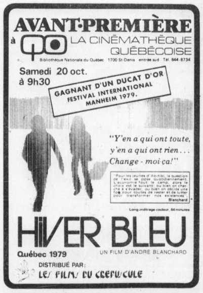 Encart paru dans Le Devoir pour l'annonce de la première montréalaise du film Hiver bleu d'André Blanchard