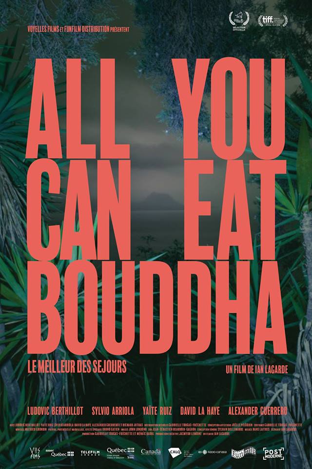 Affiche (en version rouge) du film québécois "All You Can Eat Bouddha" mis en scène par Ian Lagarde.L'affiche du film est une création d'Isabelle Guimond sur une photographie de Benoit Paillé.