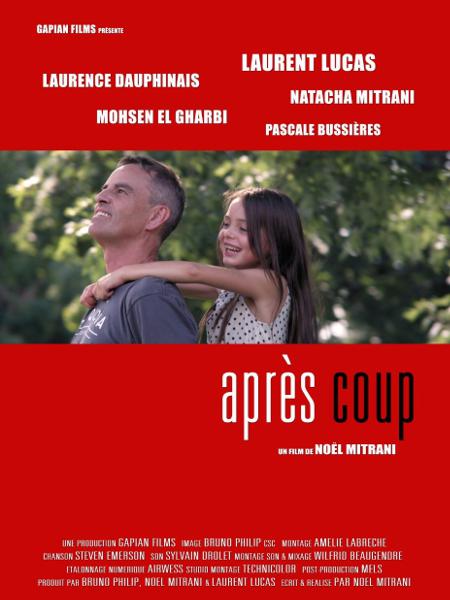 Affiche du film Après coup de Noël Mitrani. Noir et blanc sur fond rouge avec en photo Laurent Lucas et la petite Natacha Mitrani sur son dos.