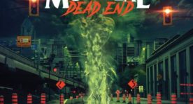 Affiche du film indépendant "Montréal Dead End" - On y voit une rue bordée de cônes oranges, un gros nid de poule et un esprit maléfique qui en sort.