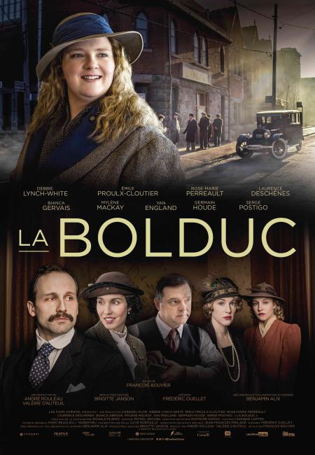 Affiche du film La Bolduc de François Bouvier - On y voit en haut le visage de la comédienne incarnant Mary Travers, et dans le bas, les portraits des cinq personnages secondaires.