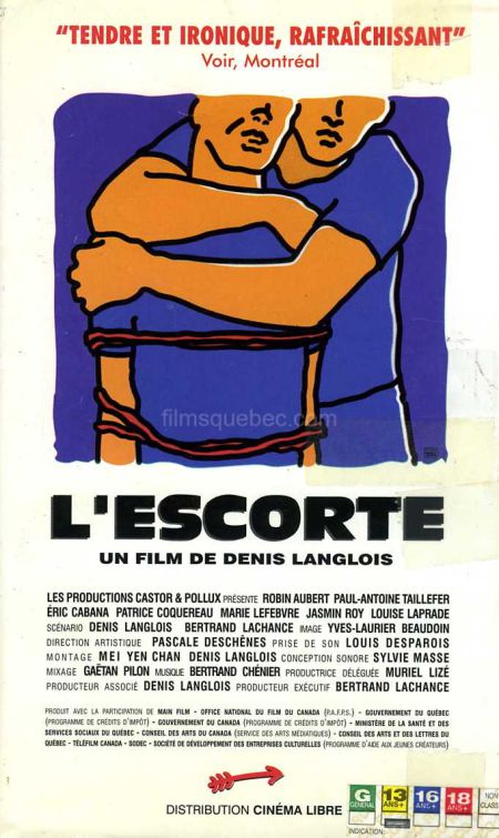 Pochette VHS du film L'Escorte de Denis Langlois (dessin de deux hommes enlacés sur fond bleu marine)