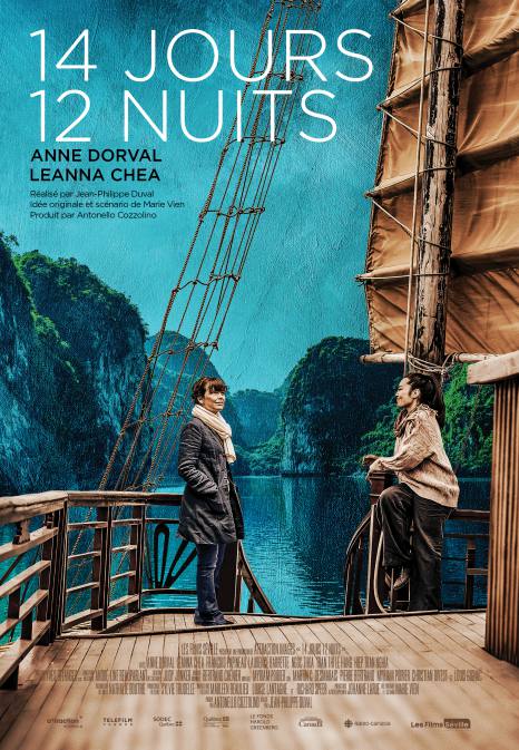 Affiche du film 14 jours 12 nuits, réalisé par Jean-Philippe Duval. Dans une baie quelque part en Asie, deux femmes se regardent sur le pont d'un vieux voilier