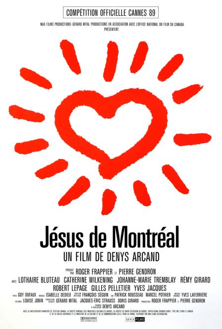 Affiche québécoise du film Jésus de Montréal de Denys Arcand (un gros coeur étincelant en rouge sur fond blanc)