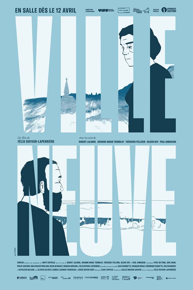 Affiche du film Ville Neuve de Félix Dufour-Laperrière (lettres immenses sur fond bleu pâle)