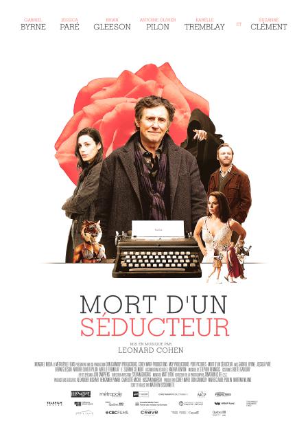 Affiche de la version française de "Death of a Ladies' Man" de Matthew Bissonnette - Sur un find blanc, les personnages du film entourent une machine à écrire des années 1970.