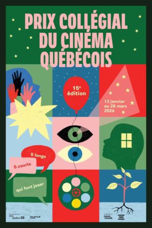 Affiche de l'édition 2026 du Prix collégial du cinéma québécois, conçue par l'illustratrice Mathilde Corbeil
