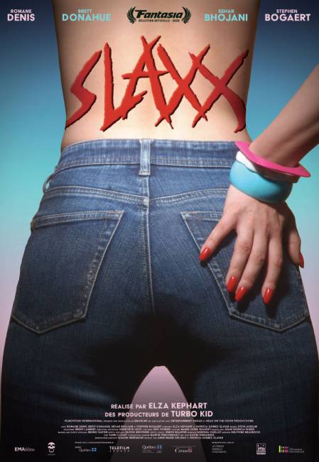 Affiche du film Slaxx (le titre du film est inscrit en lettres rouces en bas du dos d'une jeune femme torse-nue avec un jean)