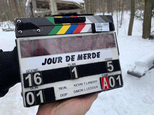 Claquette - jour 1 du tournage de Jour de merde de Kevin T. Landry (source: page Facebook du film)