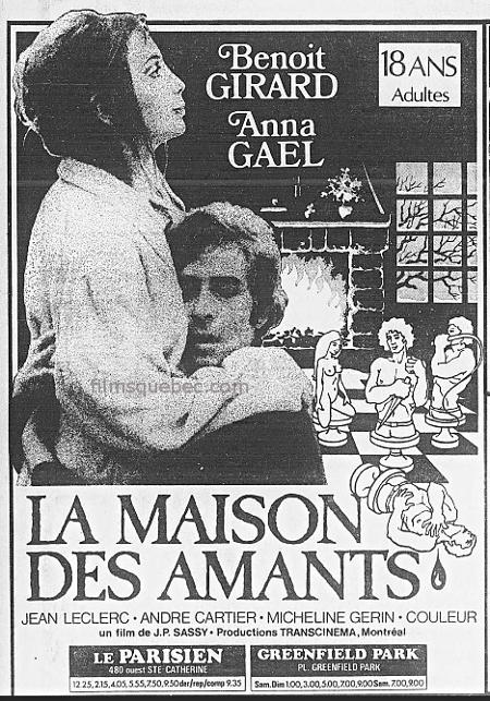 Encart promotionnel du film d'exploitation québécois "La maison des amants"