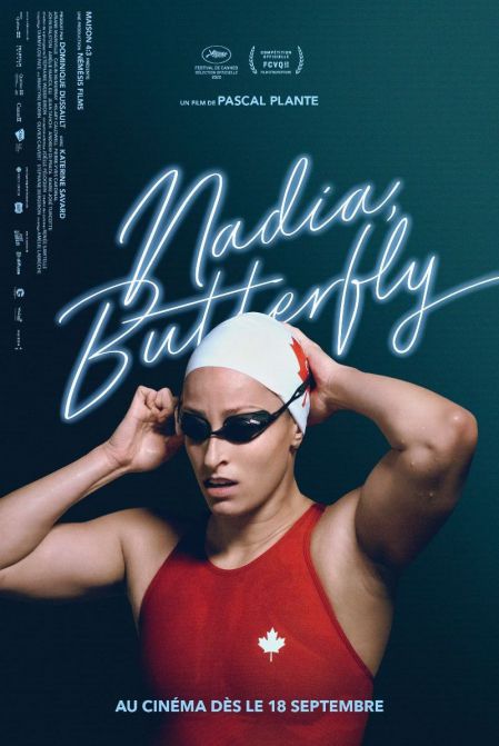 Affiche du film "Nadia, Butterfly" de Pascal Plante sur laquelle la championne Katerine Savard qui occupe la moitié basse de l'image ajuste son bonnet