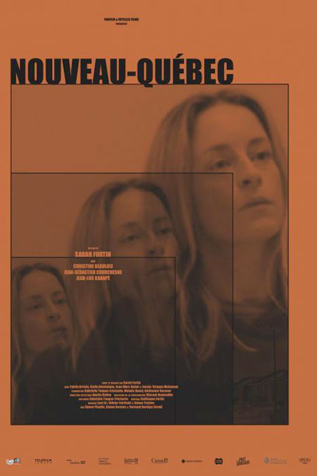 Nouveau-Québec - Affiche du film de Sarah Fortin (sur fond ocre, le visage démultiplié par trois de l'actrice Christine Beaulieu)