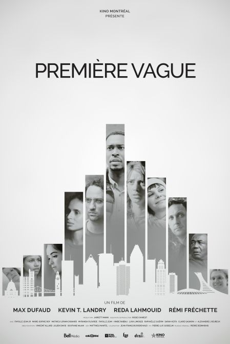 Affiche du film Première vague (visages des comédiens insérés dans des barres grisees ressemblant à celles des graphiques)