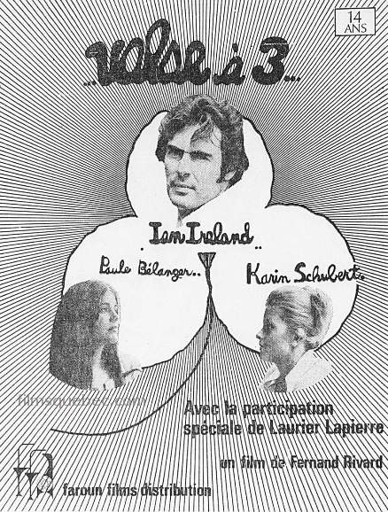 Encart presse pour le film "Valse à trois" de Fernand Rivard (un trèfle à trois feuilles et les trois portraits des comédiens)